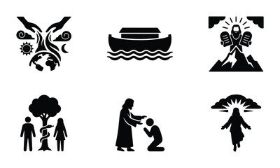 Fototapeta premium Biblical Story Icons Set: Creation, Noah's Ark, Moses, Adam & Eve, Jesus Healing, Ascension - Black & White Vector Graphics
