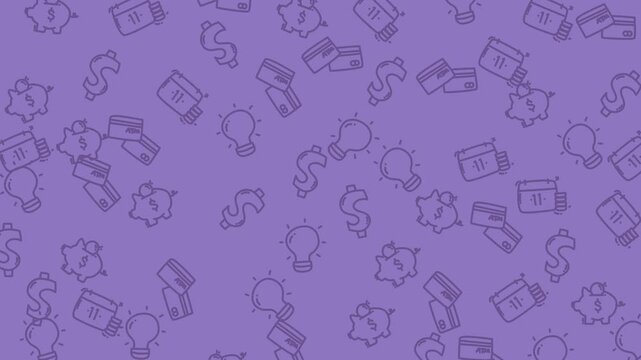 Purple themed financial pattern with dollar signs, piggy banks, lightbulbs, and credit cards. Ideal for finance and businessrelated designs.