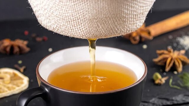Herbal tea straining into a dark ceramic cup.