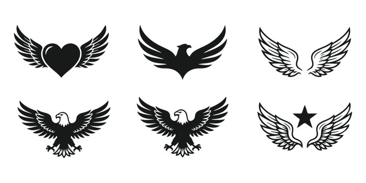Set of eagle wings and eagle emblems