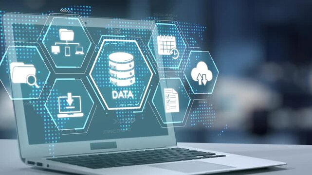 A modern laptop with a graphical interface displaying data analytics features, perfect for illustrating technology, information management, and digital workspace concepts. Salient