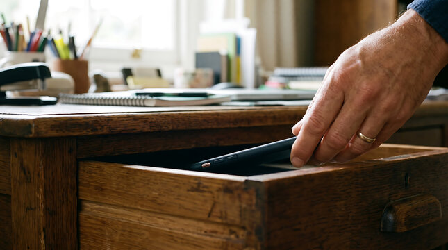 Close up of hand placing smartphone inside open wooden desk drawer surrounded by pencils notebook and stationery in a vintage home office workspace