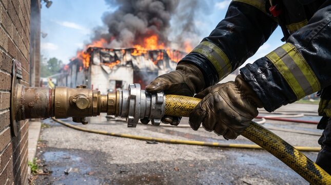 Firefighter connecting water hose to building standpipe valve during emergency response operation. Burning structure with thick black smoke in background. Professional rescue equipment and gear