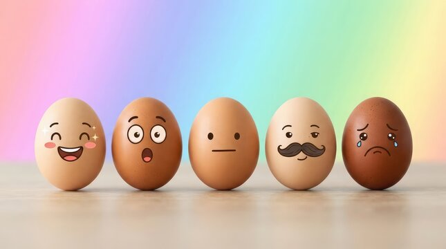 Five brown and white eggs with different expressive faces in a row