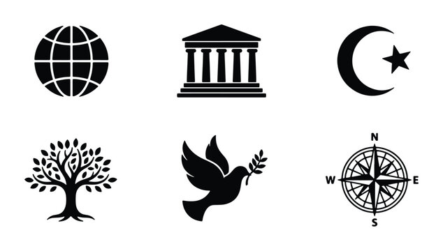 Global Concepts Icons: Earth, Government Building, Crescent Moon, Tree of Life, Dove of Peace, Compass Rose. Vector Symbols for Culture, Society, and Ideology.