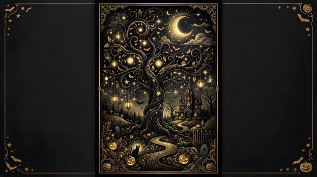 Mystical glowing tree with fireflies in dark forest