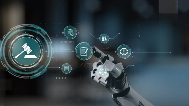 A futuristic robot hand interacts with digital icons related to law and justice, symbolizing the integration of technology in modern legal practices and the evolution of legal systems. Salient