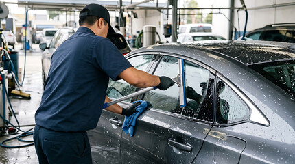 Fototapeta premium Professional Worker Cleaning Car Window with Squeegee at Auto Detailing Shop for Automotive Service Promotion