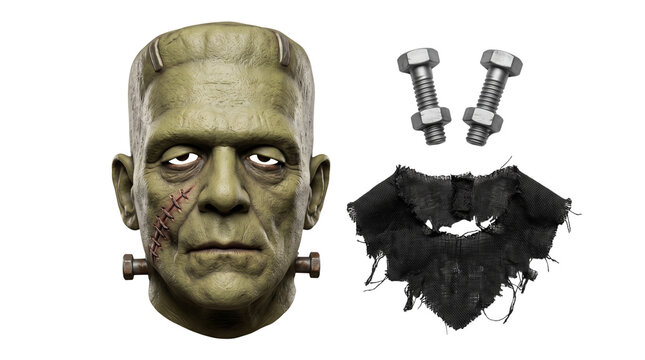 Frankenstein monster mask with neck bolts and tattered fabric, green zombie creature head for Halloween, horror movie character costume elements