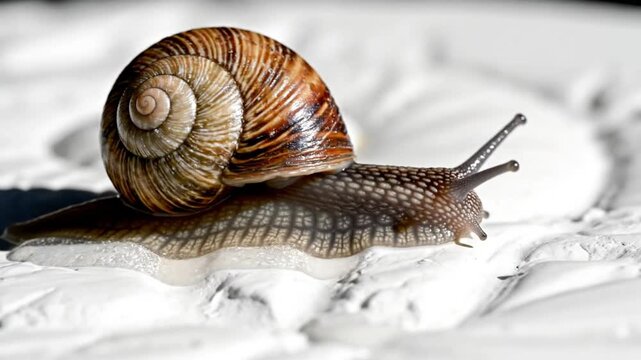 Close-up of a snail with a spiral shell crawling on a white textured surface, showcasing its anatomy