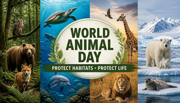 Collage of diverse world habitats and animals for world animal day with wildlife