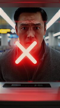 Biometric passport scanner rejects male traveler at immigration checkpoint, facial recognition failure, entry denial, identity verification risk, airport security alert, and border compliance decision