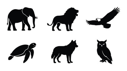 Obraz premium Diverse Animal Silhouettes Collection: Majestic Lion, Powerful Eagle, Wise Owl, Gentle Elephant, Swift Turtle, and Fierce Wolf Icons for Nature and Wildlife Designs