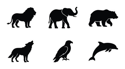 Obraz premium Diverse Wildlife Silhouettes Collection: Lion, Elephant, Bear, Wolf, Eagle, Dolphin Icons. Vector Animal Graphics for Nature and Safari Themes.
