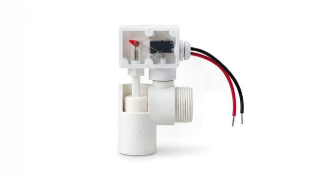 White plastic water level float switch sensor with electrical connection wires