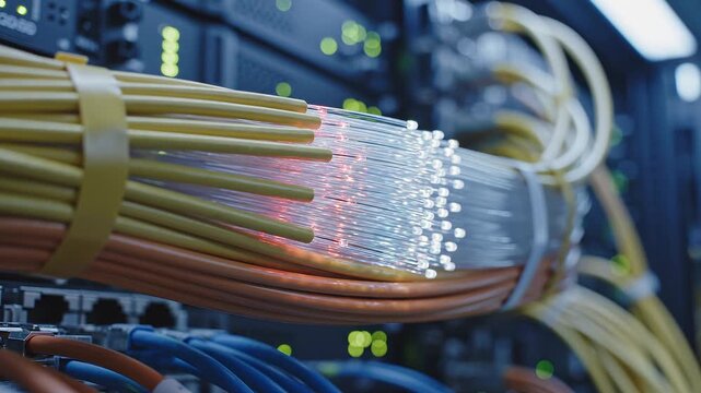 High Speed Fiber Optic Cable Data Transmission with Glowing Optical Fibers