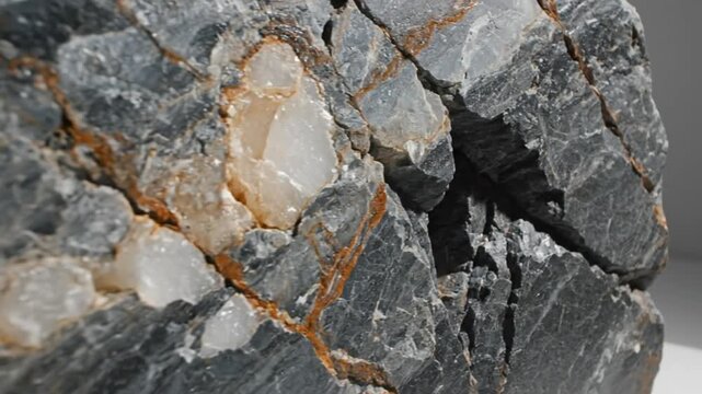 Close-up of a dark grey rock with bright quartz inclusions, showing beautiful geological textures and colors