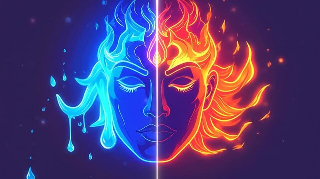 Stylized neon face split by fire and ice.