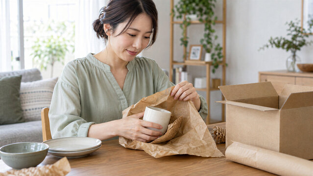 リユース食器の発送に向けて陶器のカップを緩衝紙で包む日本人女性