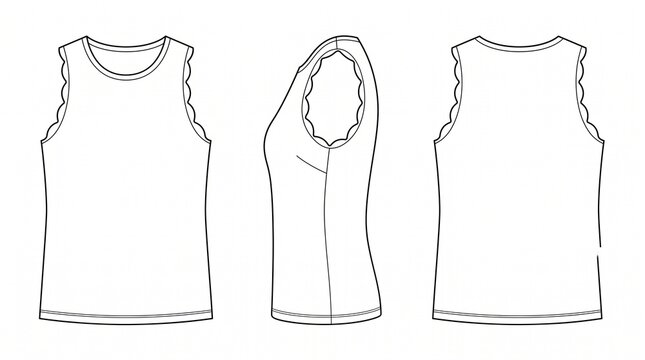 Women's Sleeveless Tank Top Technical Fashion Sketch with Scalloped Armholes - Front, Back, and Side View Vector Template
