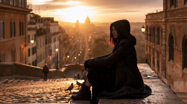 lonely woman at sunrise in historic rome, melancholic woman alone in an old european city at dawn, nostalgic solitude of a woman in rome at sunrise