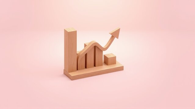 Wooden chart depicts growth. Rising arrow symbolizes positive trend, success, progress. Simple design, pastel background.
