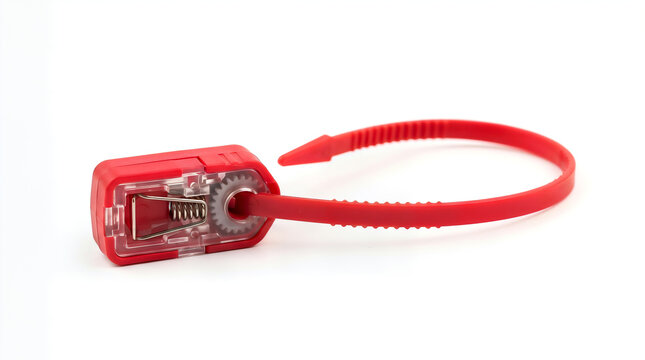 Red plastic security seal tag with locking mechanism for cargo logistics