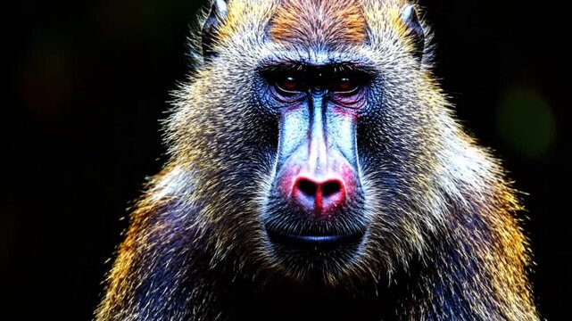 Mesmerizing close up portrait of a Mandrill monkey, showcasing vibrant facial features and intricate fur patterns