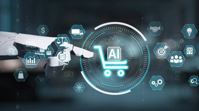 Innovative digital concept of retail technology featuring a robot hand reaching toward a shopping cart icon, symbolizing artificial intelligence in ecommerce and consumer interaction. Salient