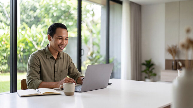 Smiling young Indonesian man looking at computer sitting at table. Happy man using laptop hybrid working online, elearning, browsing web, searching online at home.