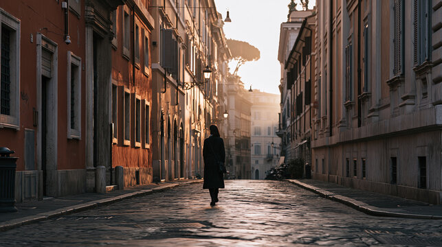 lonely woman at sunrise in historic rome, melancholic woman alone in an old european city at dawn, nostalgic solitude of a woman in rome at sunrise