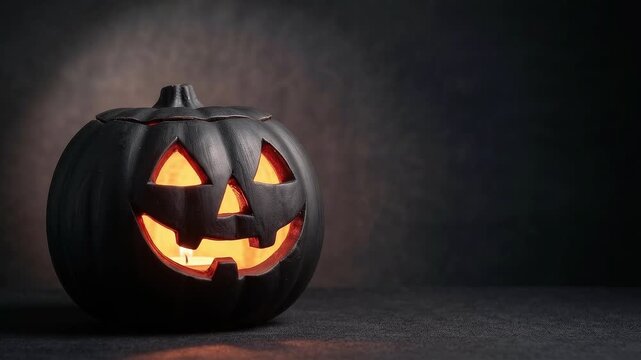 Spooky black Halloween pumpkin jack o lantern glowing with candle light and smoke on dark background
