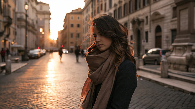 lonely woman at sunrise in historic rome, melancholic woman alone in an old european city at dawn, nostalgic solitude of a woman in rome at sunrise