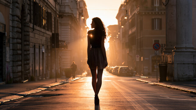 lonely woman at sunrise in historic rome, melancholic woman alone in an old european city at dawn, nostalgic solitude of a woman in rome at sunrise