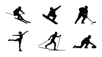 Fototapeta premium Winter Sports Silhouettes: Skiing, Snowboarding, Hockey, Figure Skating, Cross-Country Skiing, Curling Icons