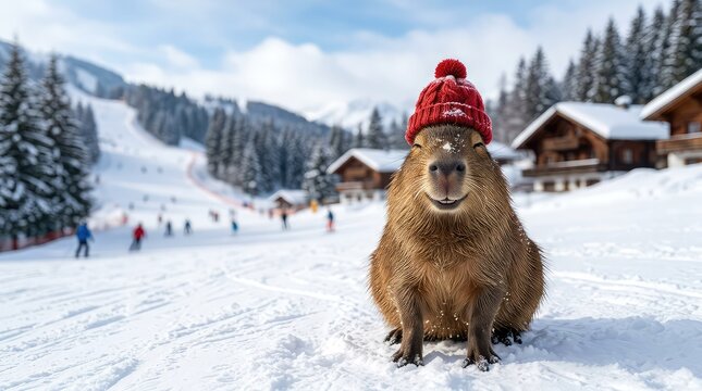 A cheerful capybara wearing a tiny red knitted beanie is smiling broadly while sitting on a snowy slope at a ski resort, with distant chalets, cheerful, resort, outdoor