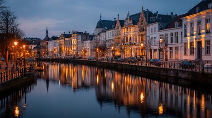 Fototapeta premium waterway. A serene canal mirroring historic buildings under the glow of twilight. real-estate listings, architecture portfolios, designed for interior renovation comparisons for interiors.