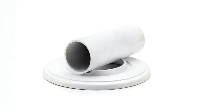 White plastic pipe flange fitting isolated on white background with plumbing com