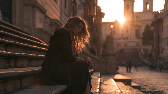 lonely woman at sunrise in historic rome, melancholic woman alone in an old european city at dawn, nostalgic solitude of a woman in rome at sunrise