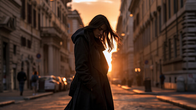 lonely woman at sunrise in historic rome, melancholic woman alone in an old european city at dawn, nostalgic solitude of a woman in rome at sunrise