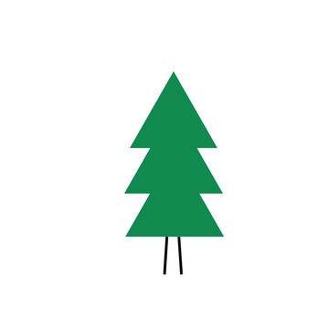Minimalist flat icon of a green pine tree or fir tree with three triangular foliage layers and simple black trunk.