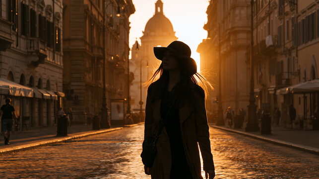 lonely woman at sunrise in historic rome, melancholic woman alone in an old european city at dawn, nostalgic solitude of a woman in rome at sunrise
