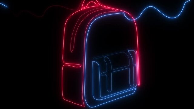 Glowing neon backpack outline animation isolated on a black background