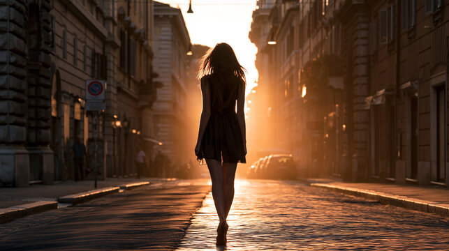 lonely woman at sunrise in historic rome, melancholic woman alone in an old european city at dawn, nostalgic solitude of a woman in rome at sunrise