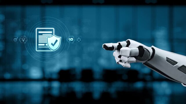 A robotic hand gestures toward a digital shield icon, representing the critical concepts of cybersecurity and data protection in a sleek, modern environment. Synapse