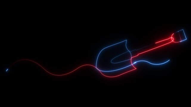 Glowing neon shovel outline animation moving over a red wave line on a black background
