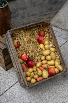 Still Life of Vegetables in Wooden Crate at Autumn Market