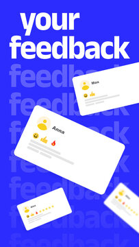 Feedback cards with user names, ratings, and symbols displayed on a blue background
