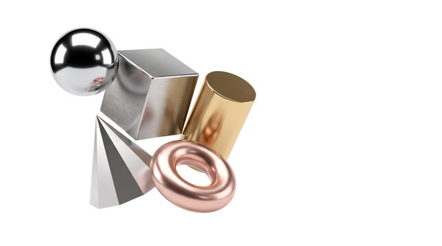 Metallic geometric shapes in 3D, floating chrome and gold primitive objects, reflective steel and copper abstract composition on white background
