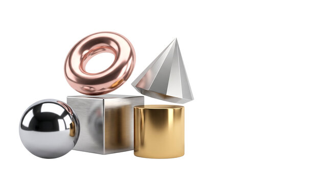 Metallic 3D geometric shapes, floating chrome and rose gold primitive objects, reflective silver and gold abstract composition on white background